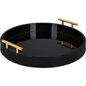 Modern Round Tray, 15.5" Diameter, Black and Gold, Decorative Accent Tray
